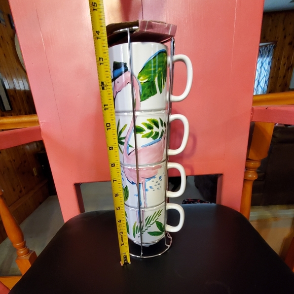 Stackable flamingo mugs with holder 4 mugs NWT - Picture 10 of 12